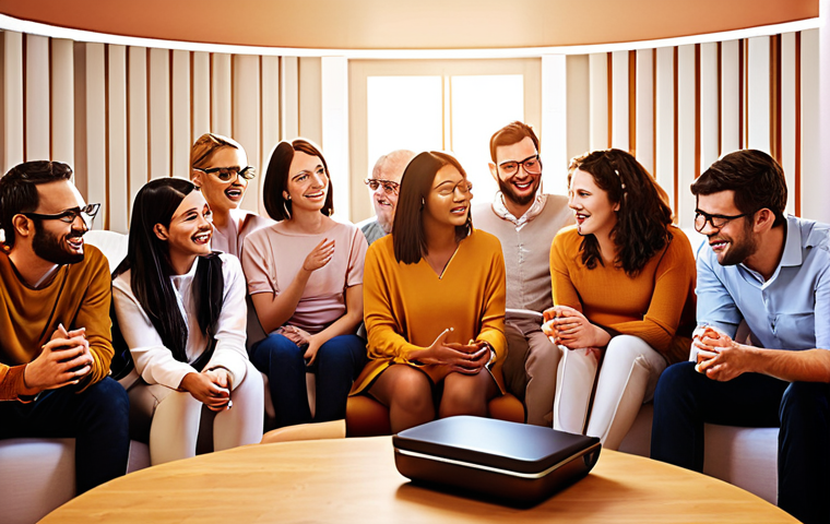 **
*Prompt:* Thriving online community forum, diverse group of people engaging in lively discussion, sharing ideas, feeling of belonging, modern interface, warm lighting, focus on positive interactions, digital art.
**