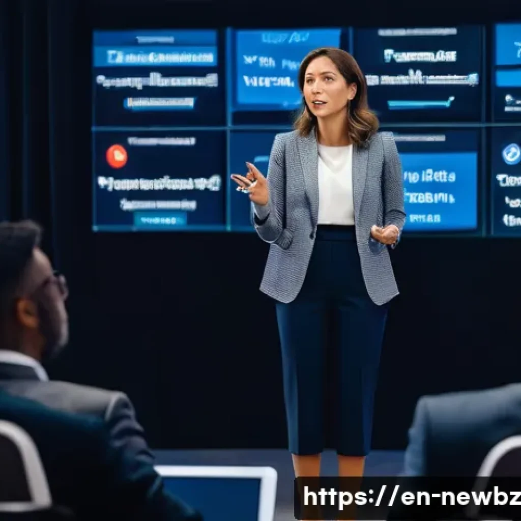 스타트업 심사에서의 사업 계획서 분석 - A dynamic, full-shot image of a charismatic female founder, dressed in a sharp, modern business suit...