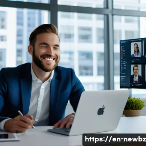Home 33 스타트업 투자자와의 장기적 관계 유지 전략 - A professional startup founder in a modern office warmly engaging in a personalized video call with ...