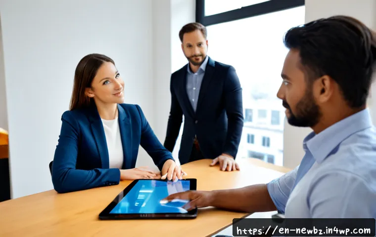스타트업 투자 유치를 위한 효과적인 PR 전략 - Photorealistic startup founder in a polished modern office presenting a simple blank-screen tablet t...